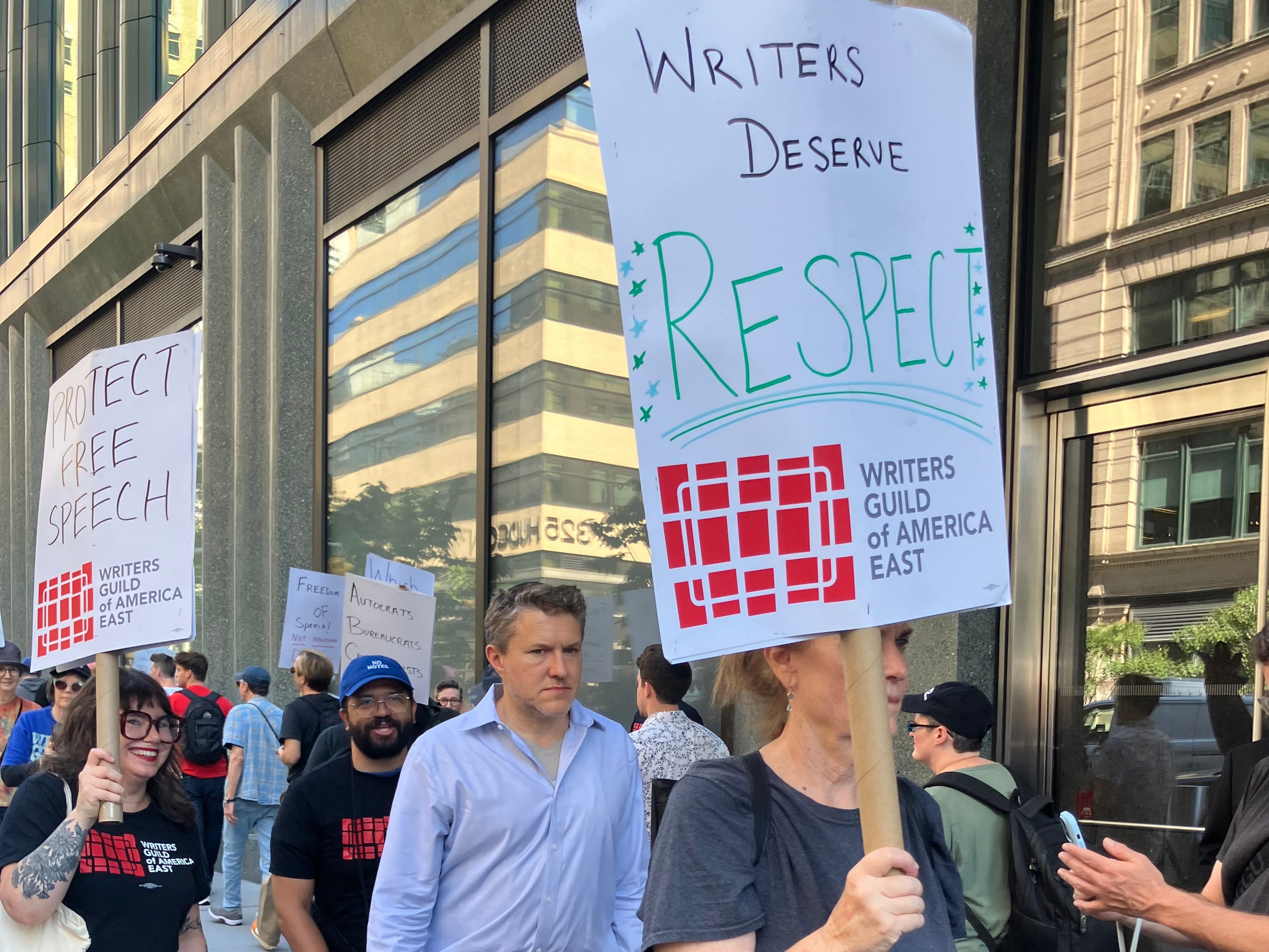 WGA members rally to support Jimmy Kimmel outside Disney's ABC offices in New York Sept. 19, 2025.