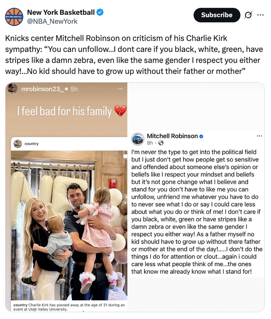 Screenshot of a Twitter thread showing Knicks center Mitchell Robinson's response to criticism regarding his sympathy for Charlie Kirk.  The thread includes a photo of Robinson's family.