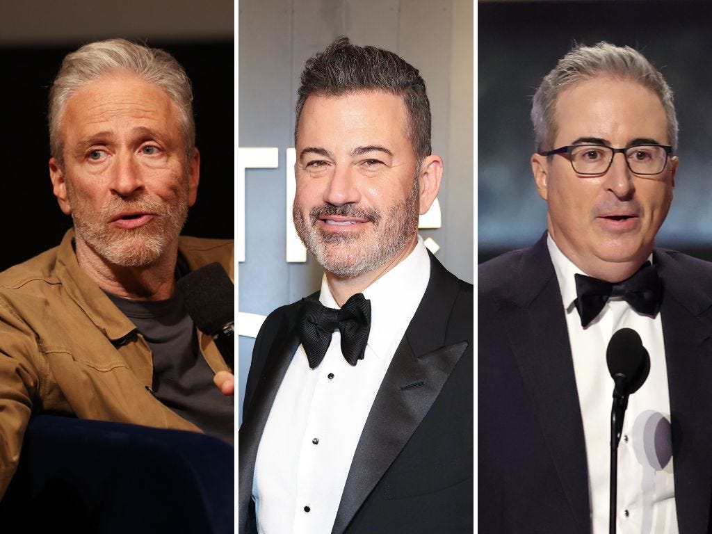Jon Stewart speaking into a microphone; Jimmy Kimmel smiling; John Oliver speaking into a microphone.