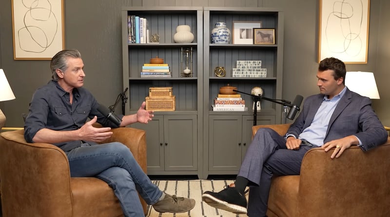 Gavin Newsom interviews Charlie Kirk on his podcast in 2025.