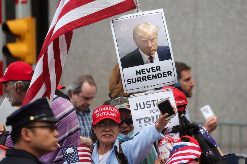 Supporters of former U.S. President Donald Trump demonstrate following the verdict in his criminal trial over charges that he falsified business records to conceal money paid to silence porn star Stormy Daniels in 2016, in NYC, U.S. May 30, 2024.