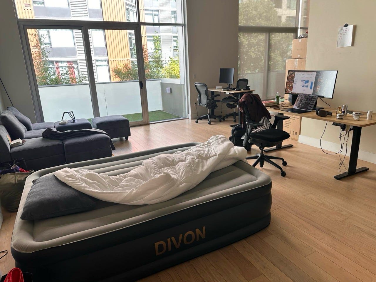 Josh Sirota's air mattress is pictured on the floor of the Eragon office.