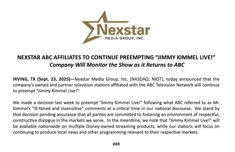 A Nexstar Media Group press release that was shared with the Daily Beast on Tuesday.