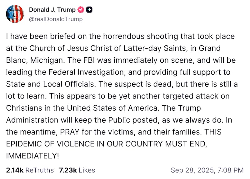 Truth Social post from President Donald Trump