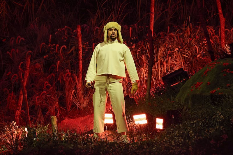 Bad Bunny performs onstage during Night One of Bad Bunny: "No Me Quiero Ir De Aqui" Residencia En El Choli at Coliseo de Puerto Rico José Miguel Agrelot on July 11, 2025 in San Juan, Puerto Rico. (Photo by Kevin Mazur/Getty Images)