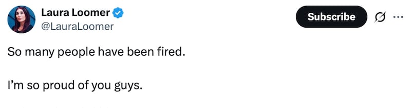 Laura Loomer posts on X about Charlie Kirk-related sackings.