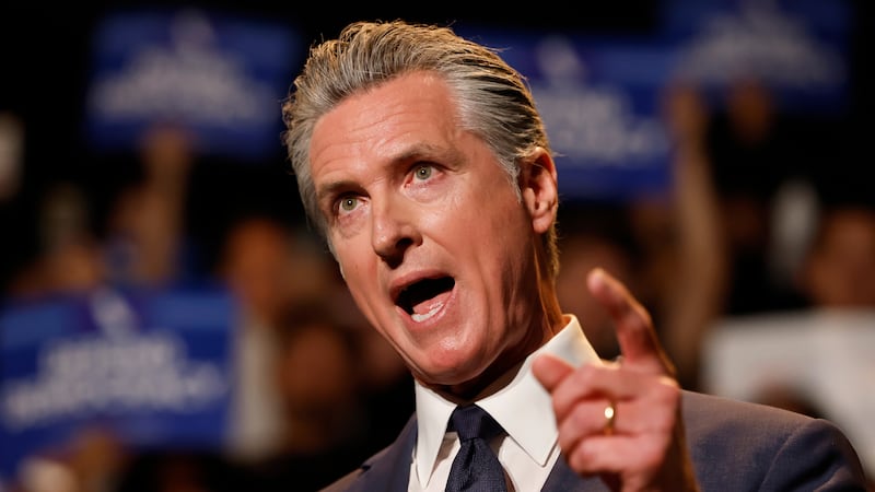LOS ANGELES, CALIFORNIA - AUGUST 14: California Governor Gavin Newsom speaks about California redistricting plans at a press conference at the Democracy Center, Japanese American Museum on August 14, 2025 in Los Angeles, California. Newsom spoke about a possible California referendum on redistricting to counter the legislative effort to add five Republican House seats in the state of Texas.