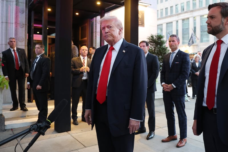 President Donald Trump and members of his cabinet and administration, including Secretary of State Marco Rubio, Defense Secretary Pete Hegseth and Vice President JD Vance, arrive for dinner at Joe's Seafood, Prime Steak & Stone Crab on September 09, 2025 in Washington, DC.