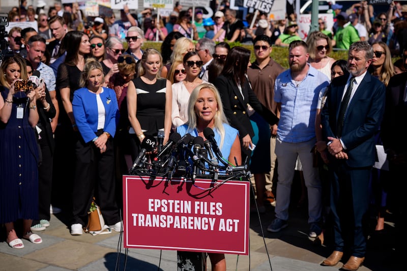Rep. Marjorie Taylor Greene (R-GA) speaks at a news conference with alleged victims of disgraced financier and sex trafficker Jeffrey Epstein outside the U.S. Capitol on September 03, 2025 in Washington, DC.