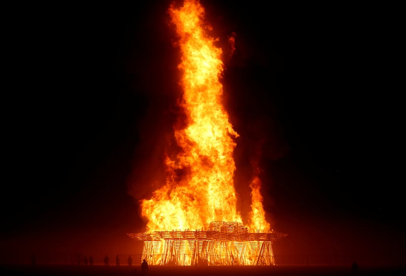 The Temple burns as approximately 70,000 people from all over the world gathered for the annual Burning Man arts and music festival in the Black Rock Desert of Nevada, U.S. September 3, 2017. REUTERS/Jim Urquhart