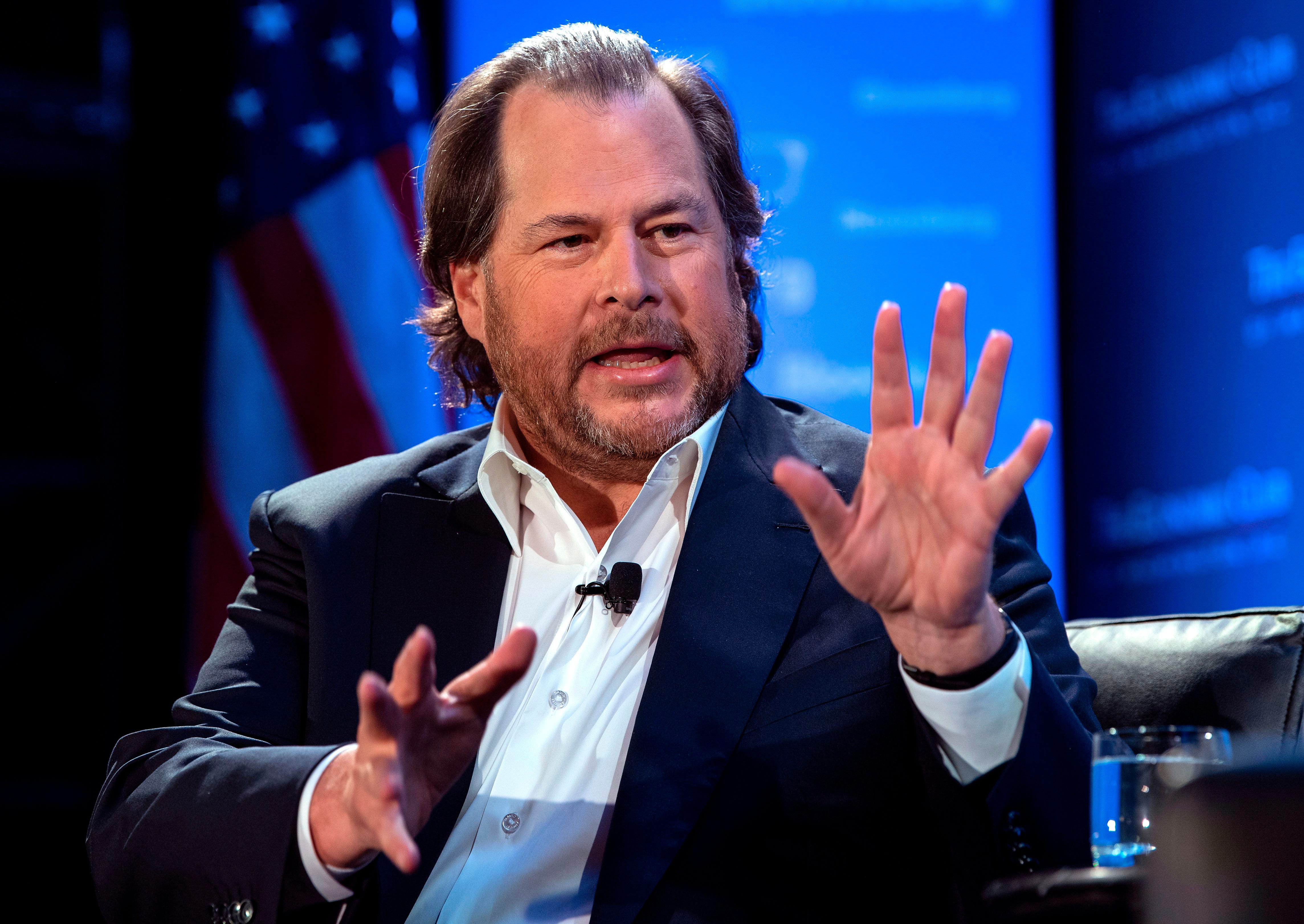 Marc Benioff, founder, chairman and co-CEO of Salesforce, speaks at an Economic Club of Washington luncheon in Washington, DC, on October 18, 2019