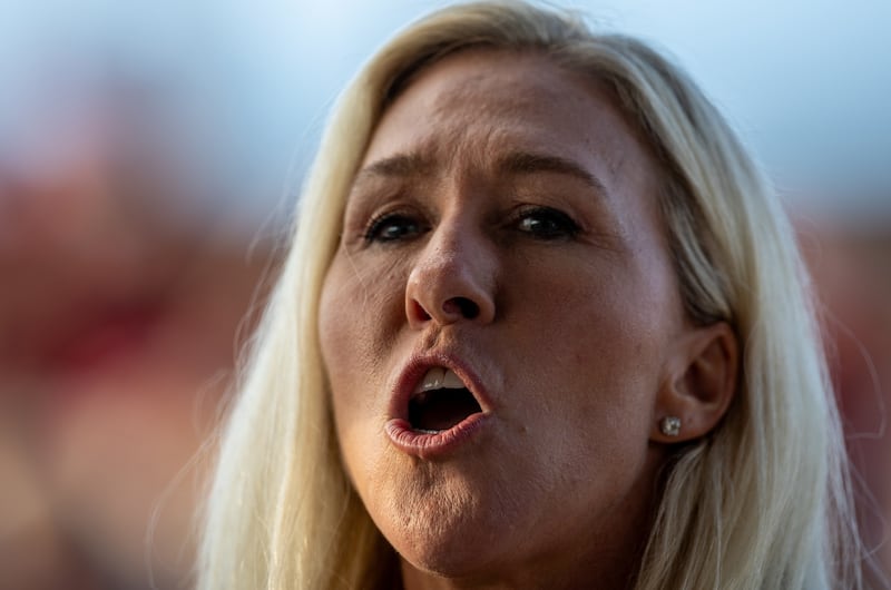U.S. Rep, Marjorie Taylor Greene (R-GA) attends a campaign rally for Donald Trump.