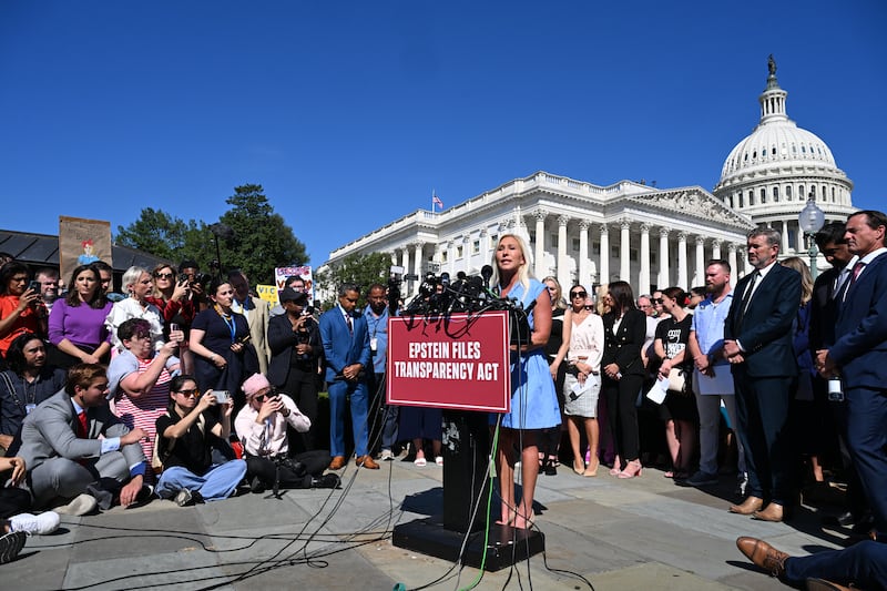 Rep. Marjorie Taylor Greene speaking during a press conference and rally in support of the victims of sex offender Jeffrey Epstein and his accomplice Ghislaine Maxwell outside the U.S. Capitol in Washington, DC on September 3, 2025.