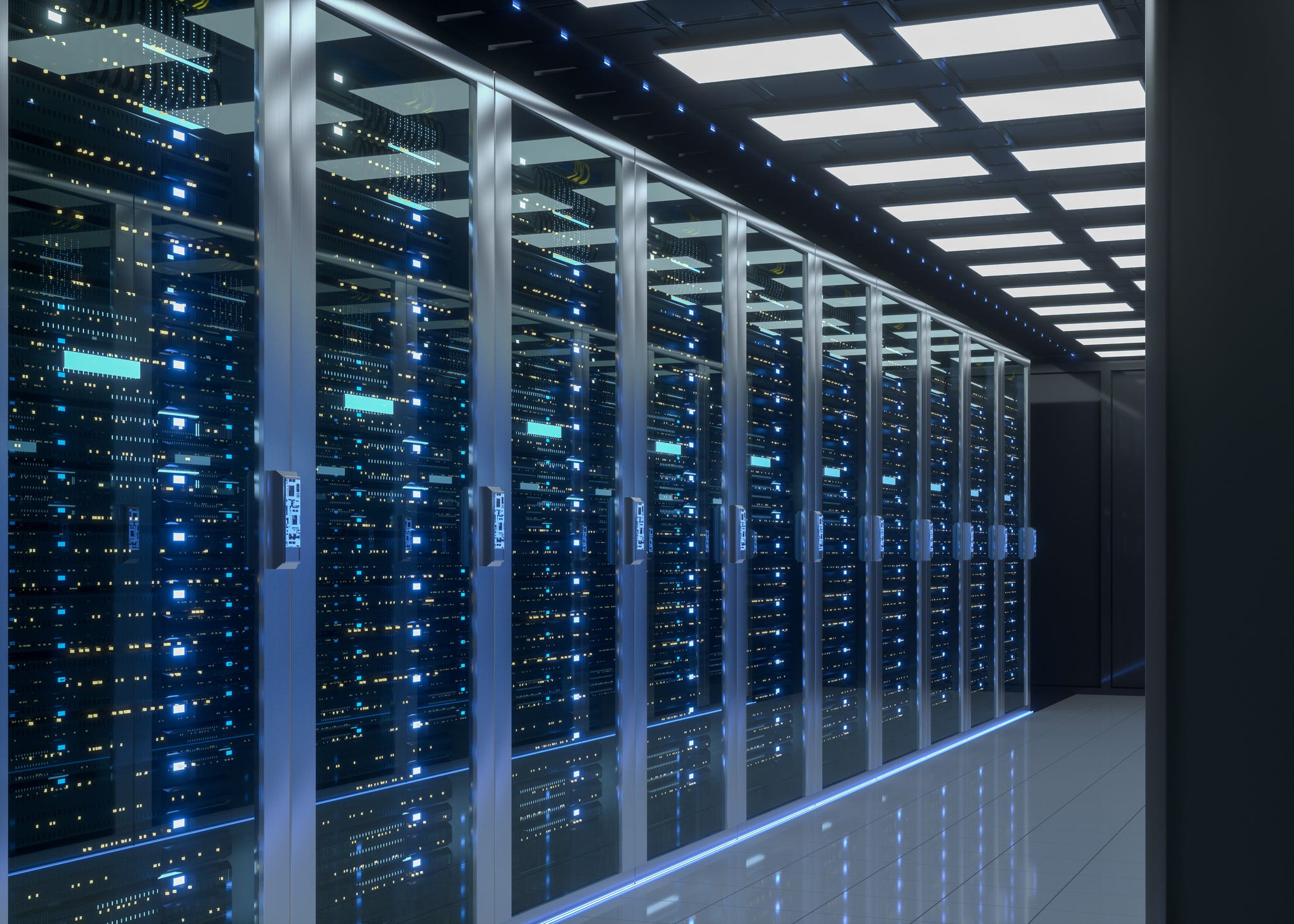 A row of computer servers in a data center