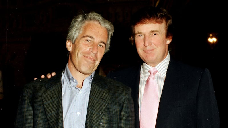 Portrait of American financier Jeffrey Epstein (left) and real estate developer Donald Trump as they pose together at the Mar-a-Lago estate, Palm Beach, Florida, 1997.(Photo by Davidoff Studios/Getty Images)