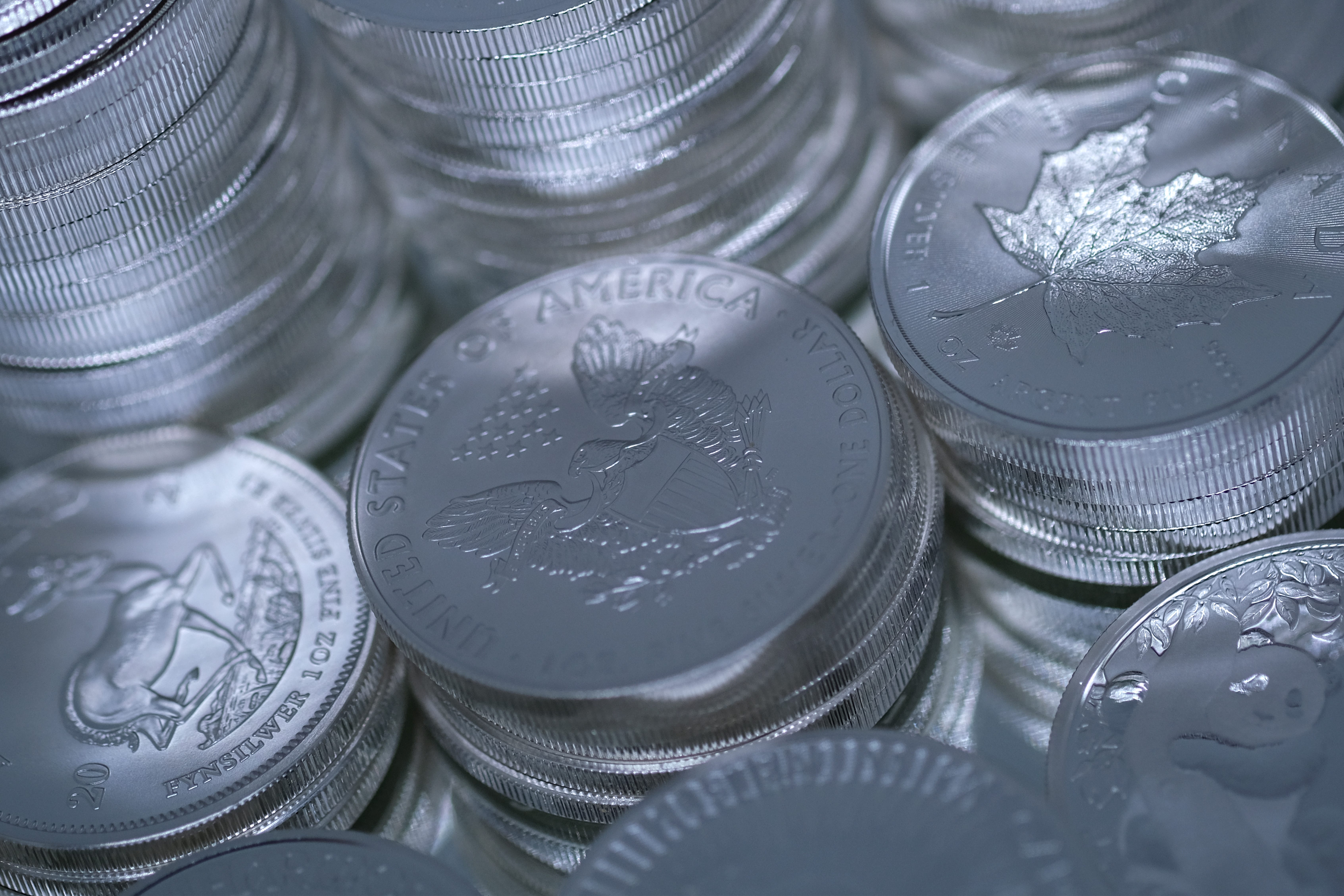 A one-ounce American Silver Eagle bullion coin is placed among one-ounce bullion coins of Canadian Silver Maple Leaf, South African Silver Krugerrand and Chinese Silver Panda.