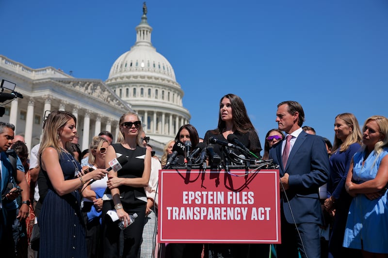 WASHINGTON, DC - SEPTEMBER 03: Teresa Helm (C) speaks during a news conference with fellow alleged victims of disgraced financier and sex trafficker Jeffrey Epstein, their lawyers, supporters and members of Congress outside the U.S. Capitol on September 03, 2025 in Washington, DC. Rep. Thomas Massie (R-KY) and Rep. Ro Khanna (D-CA ) have introduced the Epstein List Transparency Act to force the federal government to release all unclassified records from the cases of Epstein and his associate, Ghislaine Maxwell. (Photo by Chip Somodevilla/Getty Images)