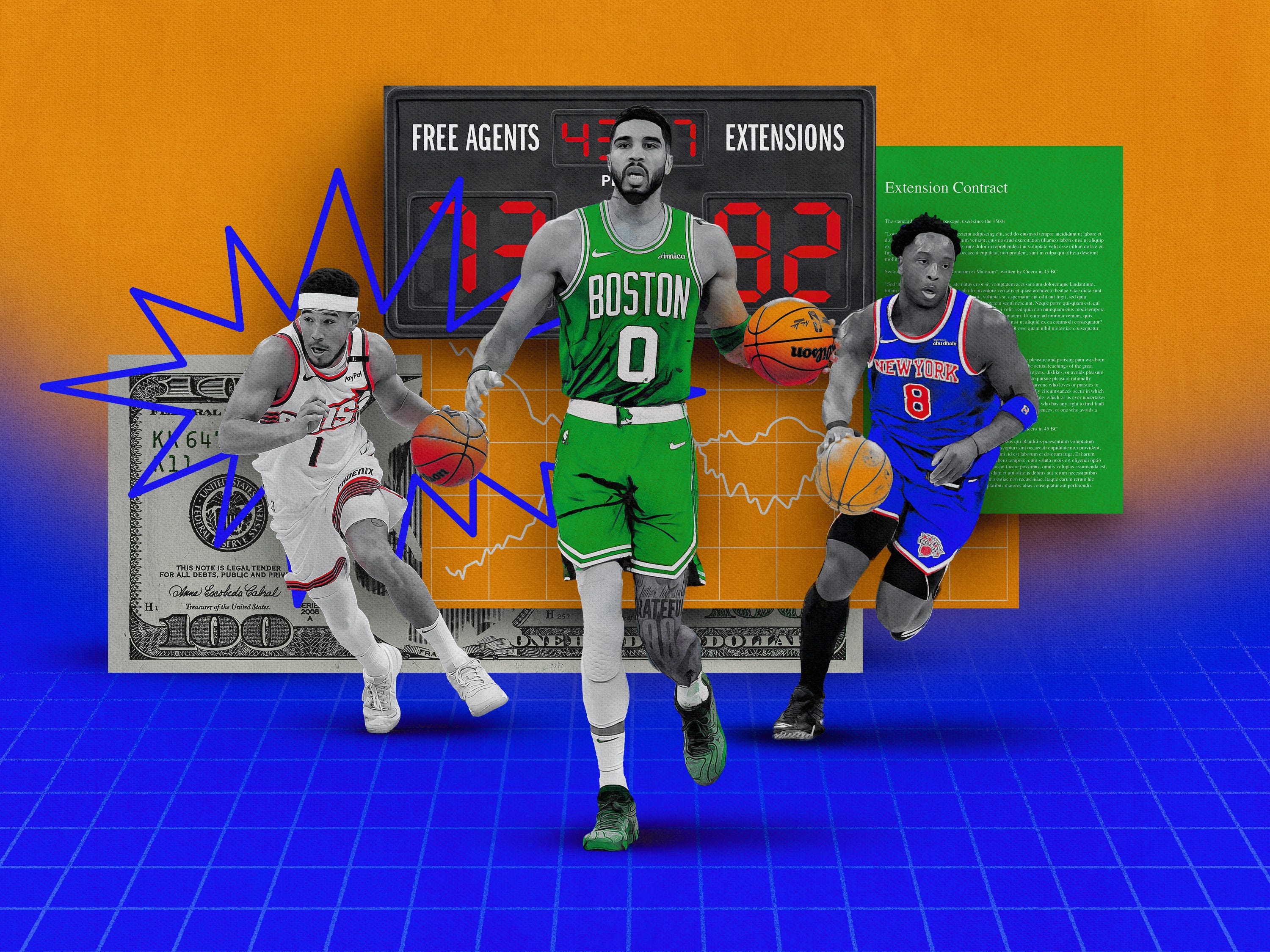 Photo collage featuring NBA players Devin Booker (Phoenix Suns), Jayson Tatum (Boston Celtics), and OG Anunoby (New York Knicks), a scoreboard labeled 'Free Agents' vs 'Extensions,' and graphic elements including money