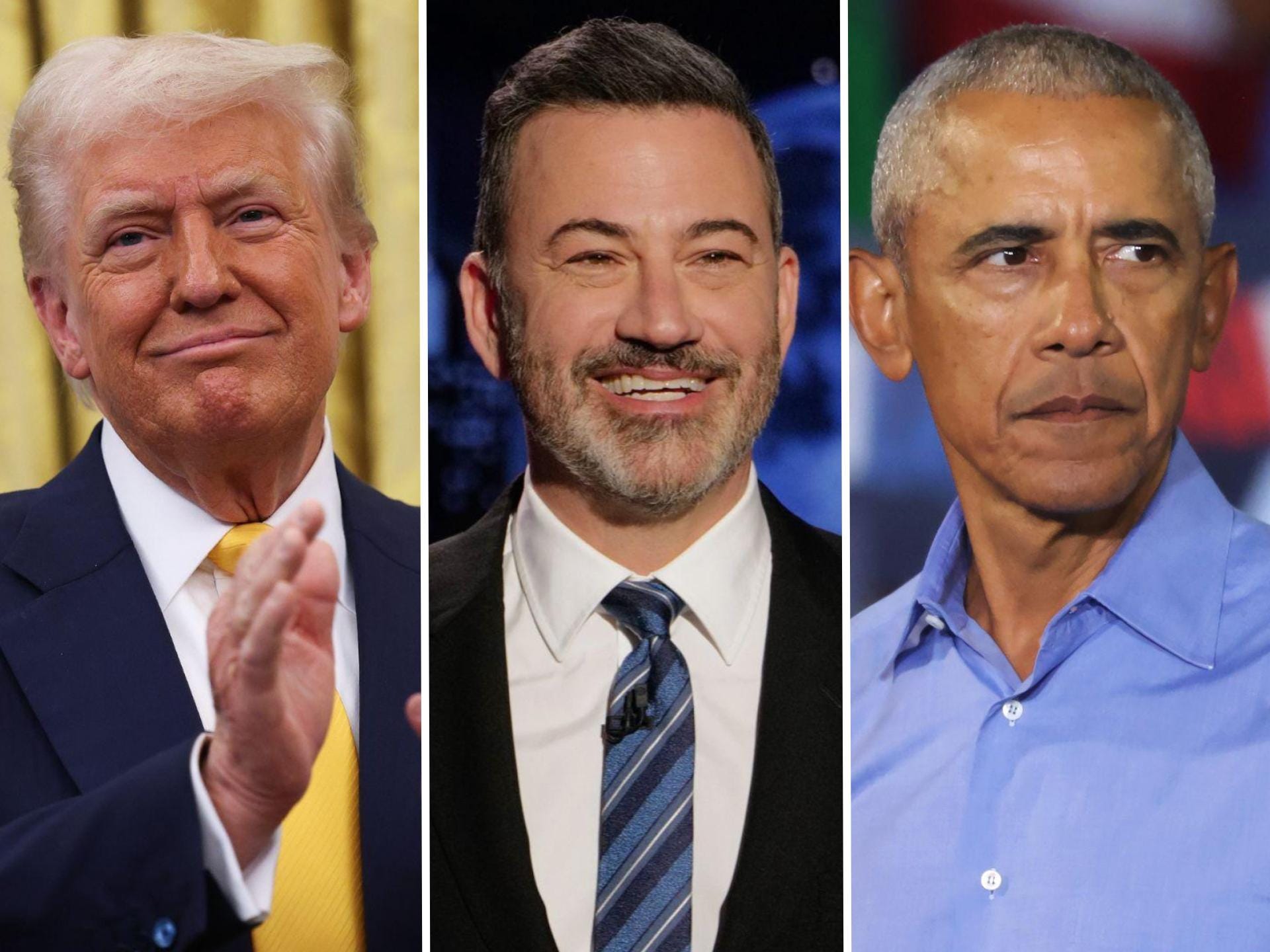 A composite image of Donald Trump, Jimmy Kimmel, and Barack Obama