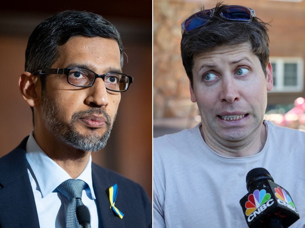 Google CEO Sundar Pichai (left) and OpenAI CEO Sam Altman (right).