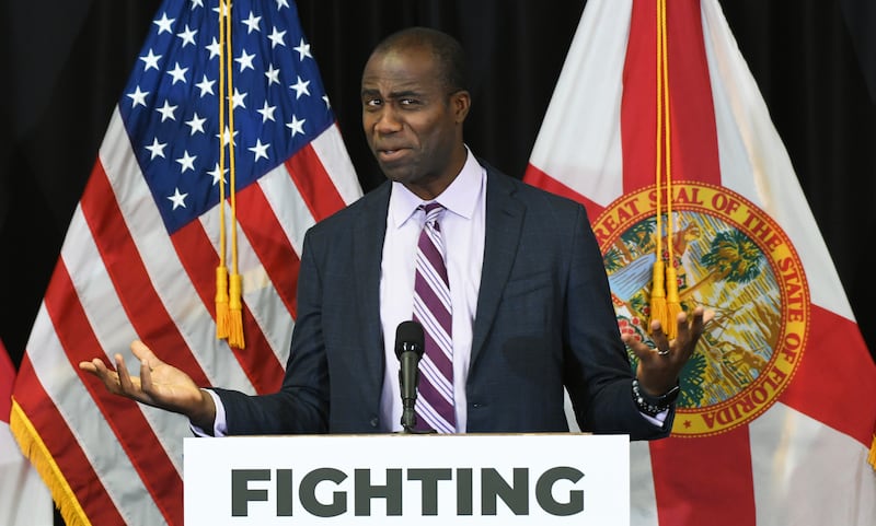 Florida Surgeon General Dr. Joseph Ladapo speaks at a press conference in Sanford, Florida where Gov. Ron DeSantis signed legislation to increase penalties on individuals who expose law enforcement officers to fentanyl on April 8, 2024.