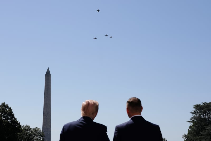 Military aircraft conduct a flyover as President Donald Trump welcomes Polish President Karol Nawrocki to the White House on September 3, 2025 in Washington, D.C.