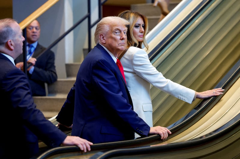 President Donald Trump and First Lady Melania Trump are waylaid by a broken escalator as they arrive to attend the 80th United Nations General Assembly in New York City on September 23, 2025.