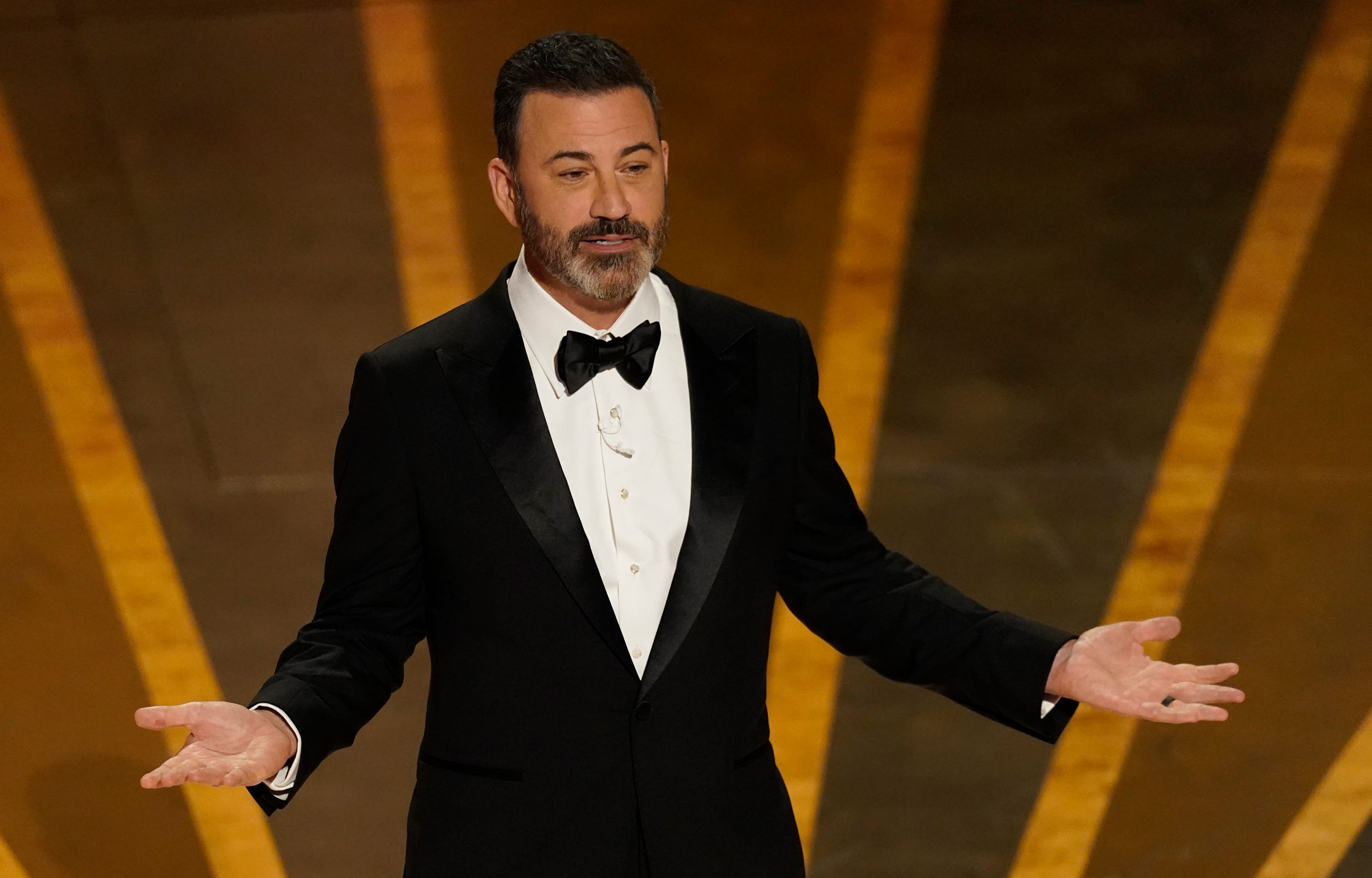 Host Jimmy Kimmel speaking at the Oscars on Sunday, March 12, 2023, at the Dolby Theatre in Los Angeles.