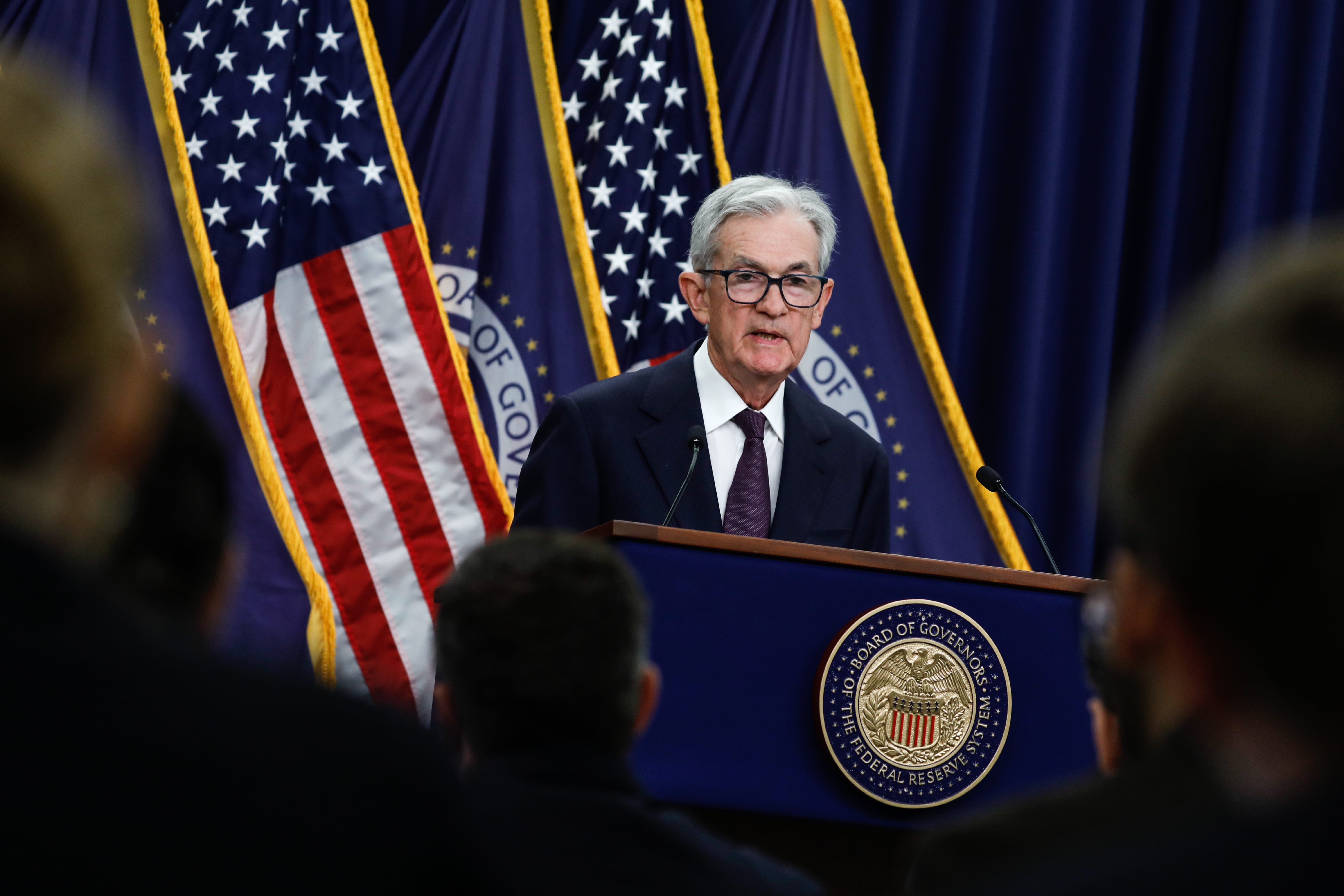 Jerome Powell speaks to reporters