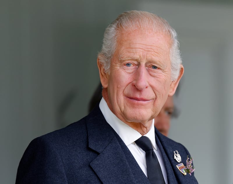 King Charles III (wearing a black tie following the death of Katharine, Duchess of Kent) attends the Braemar Royal Highland Gathering at The Princess Royal and Duke of Fife Memorial Park on September 6, 2025 in Braemar, Scotland.