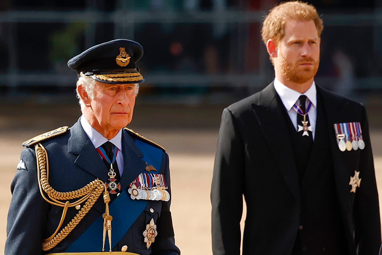 Prince William, King Charles, and Prince Harry process from Buckingham Palace to Westminster Hall in September 2022.