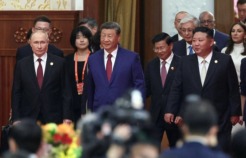 Russian President Vladimir Putin, Chinese President Xi Jinping and North Korean leader Kim Jong Un arrive to attend a reception marking the 80th anniversary of the end of World War Two, in Beijing, China September 3, 2025. Sputnik/Vladimir Smirnov/Pool via REUTERS ATTENTION EDITORS - THIS IMAGE WAS PROVIDED BY A THIRD PARTY.