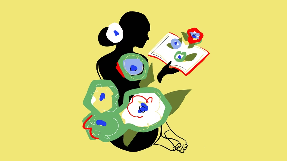 Woman reading book with flowers illustration