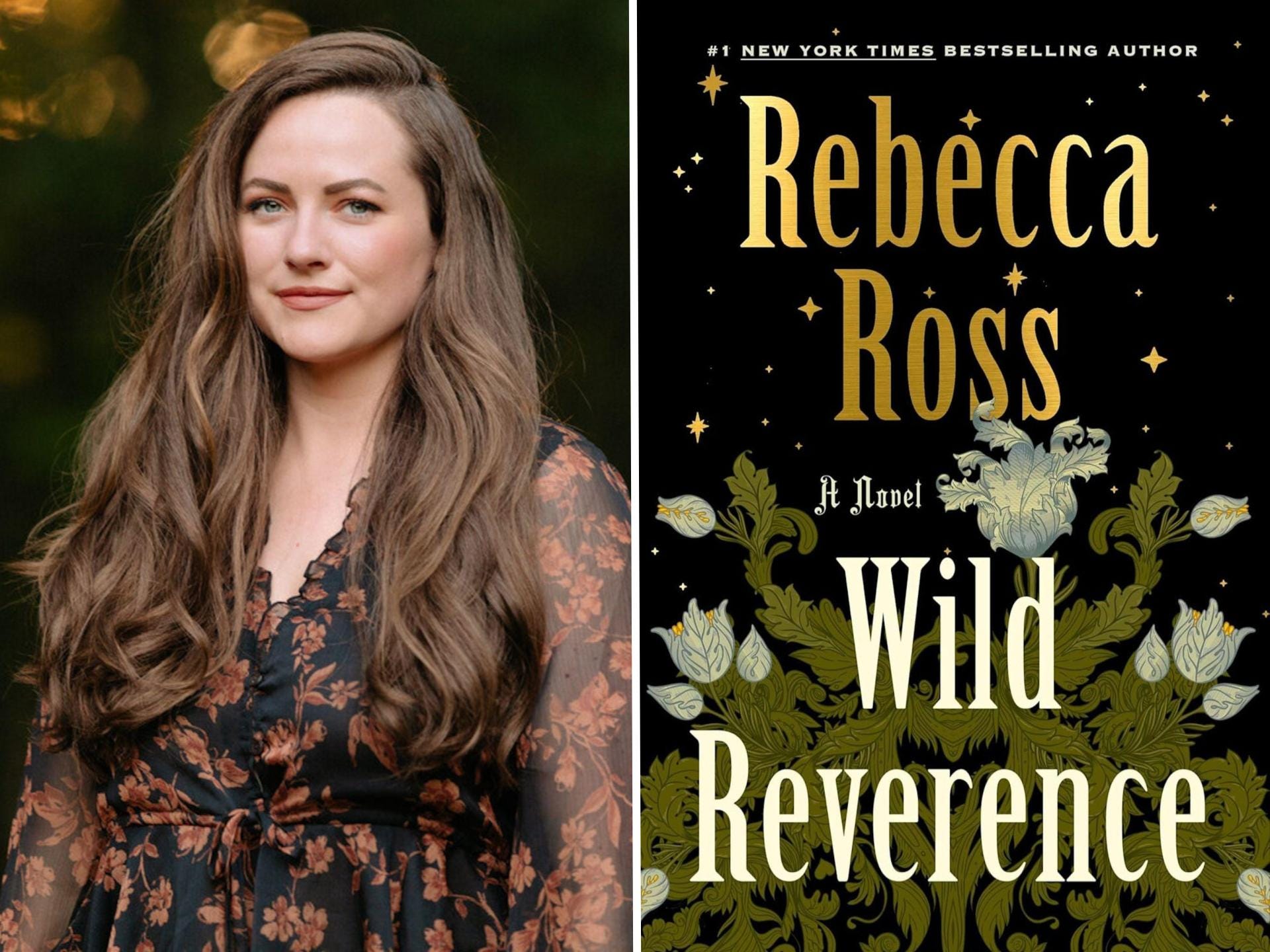 A side-by-side of Rebecca Ross and the cover of "Wild Reverence."