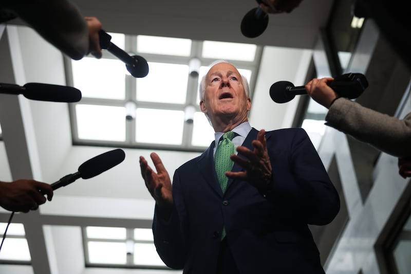 WASHINGTON, DC - APRIL 07: U.S. Sen. John Cornyn (R-TX) speaks with press after meeting with Customs and Border Patrol Commissioner nominee, Rodney Scott in the Hart Senate Office Building on April 07, 2025 in Washington, DC. Scott served in both the Trump and Biden administrations as the 24th chief of the United States Border Patrol from 2020 to 2024. (Photo by Kayla Bartkowski/Getty Images)