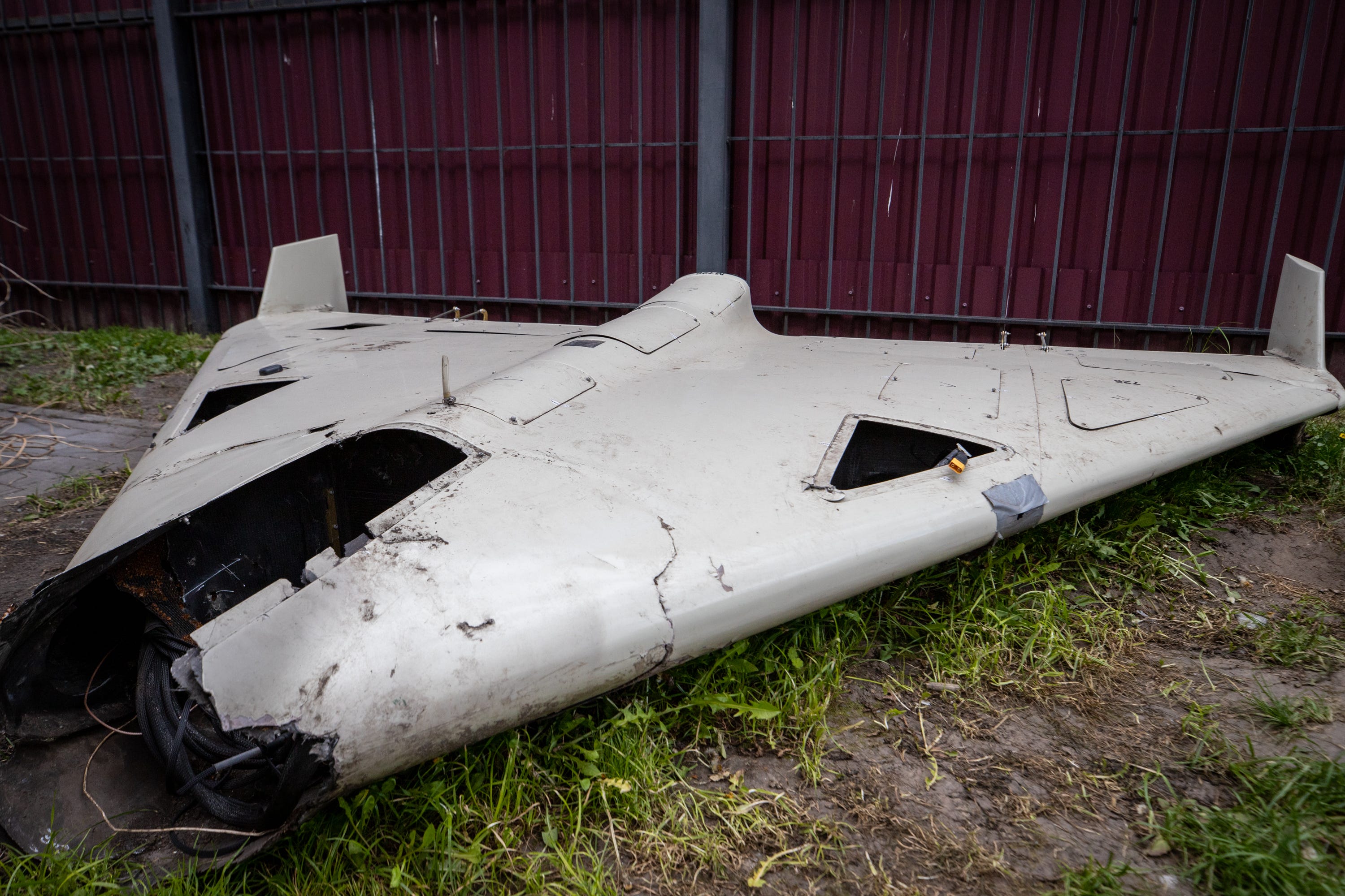Remain of Shahed 136 at an exhibition showing remains of missiles and drones that Russia used to attack Kyiv in Kyiv, Ukraine, on May 12, 2023.