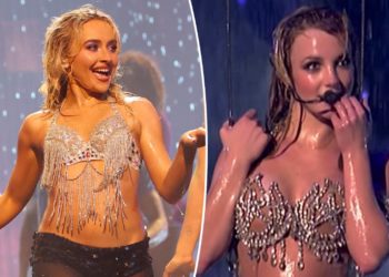 Sabrina Carpenter channels Britney Spears in bedazzled fringe bra during VMAs 2025 performance