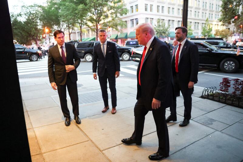 U.S. President Donald Trump, U.S. Vice President JD Vance, Secretary of State Marco Rubio and Defense Secretary Pete Hegseth arrive at Joe's Seafood restaurant near the White House for dinner, in Washington, D.C., U.S., September 9, 2025.