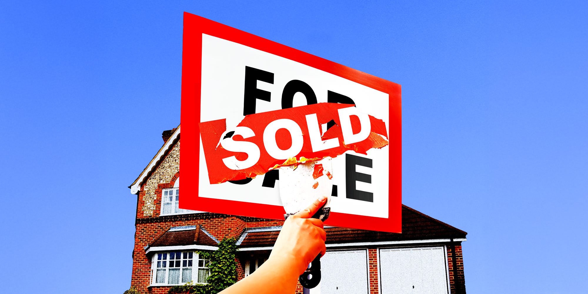 A house with a 'For Sale' sign in front and a hand is using a spatula to scrape off a 'Sold' sticker from the sign.