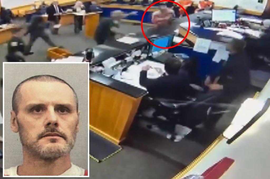 Shackled-inmate lumbers into podium in Florida court during goofy tantrum as he spits at judge, storms bench: video