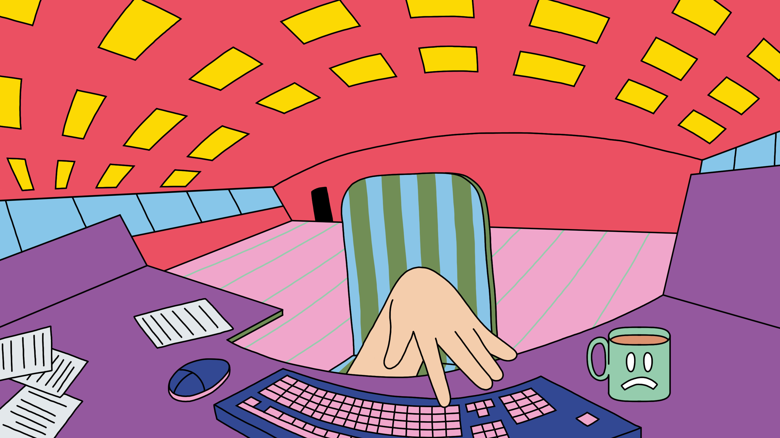 Illustration of a hand reaching from beneath a desk to type on a keyboard