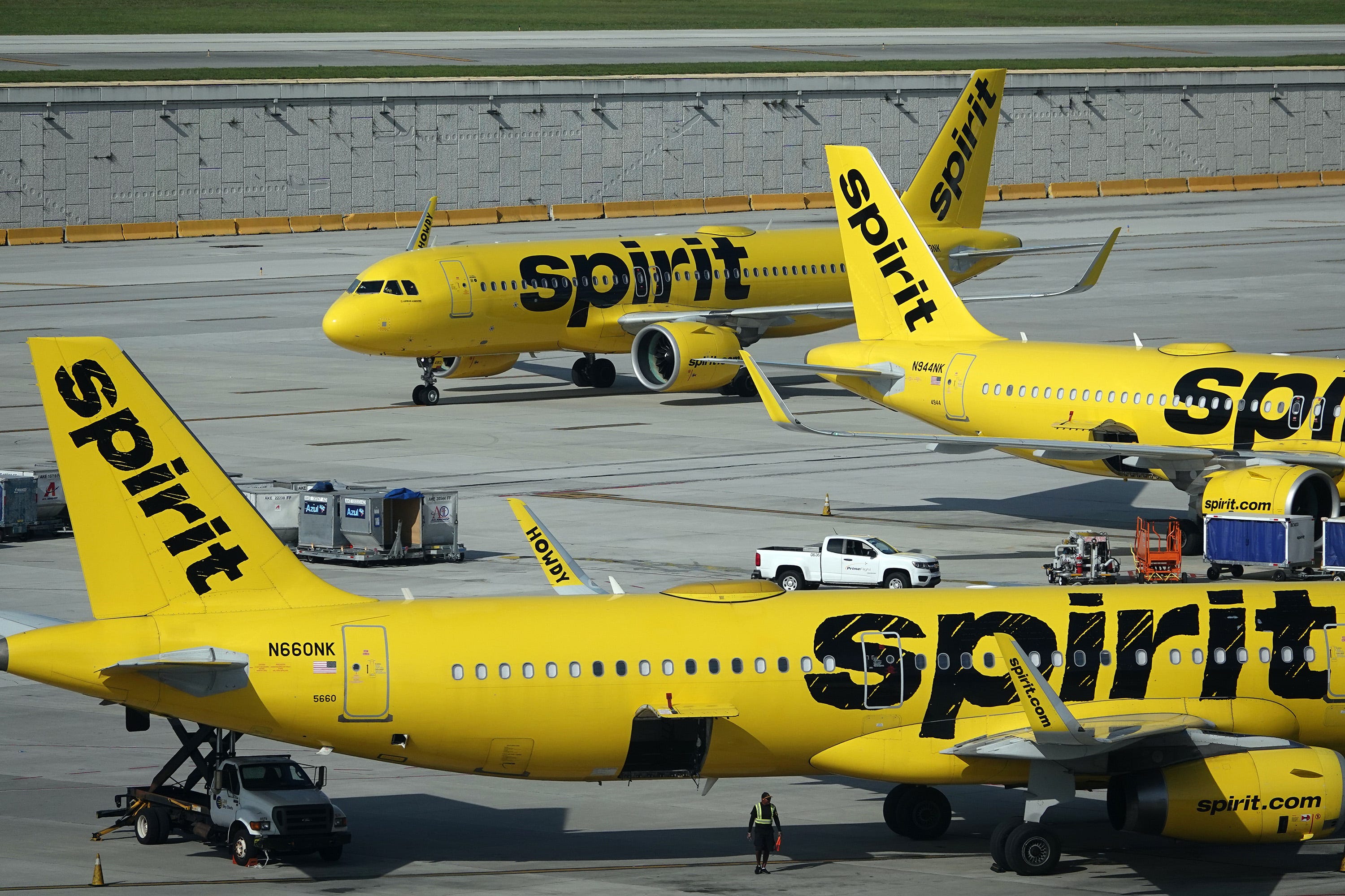 Spirit Airlines jetliners on the tarmac at Fort Lauderdale Hollywood International Airport.