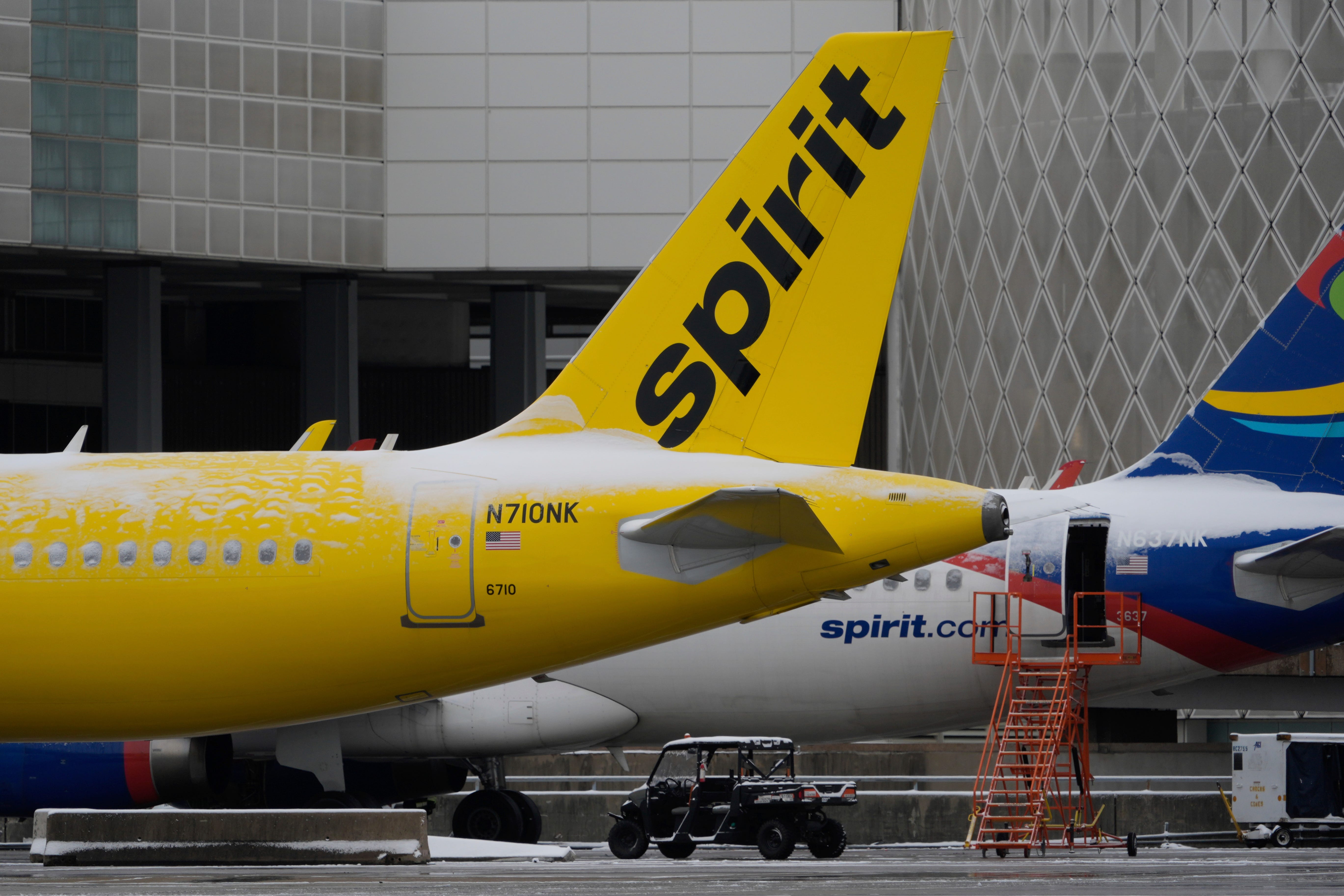 Spirit Airlines planes at the closed George Bush Intercontinental Airport, on January 21, 2025, in Houston.