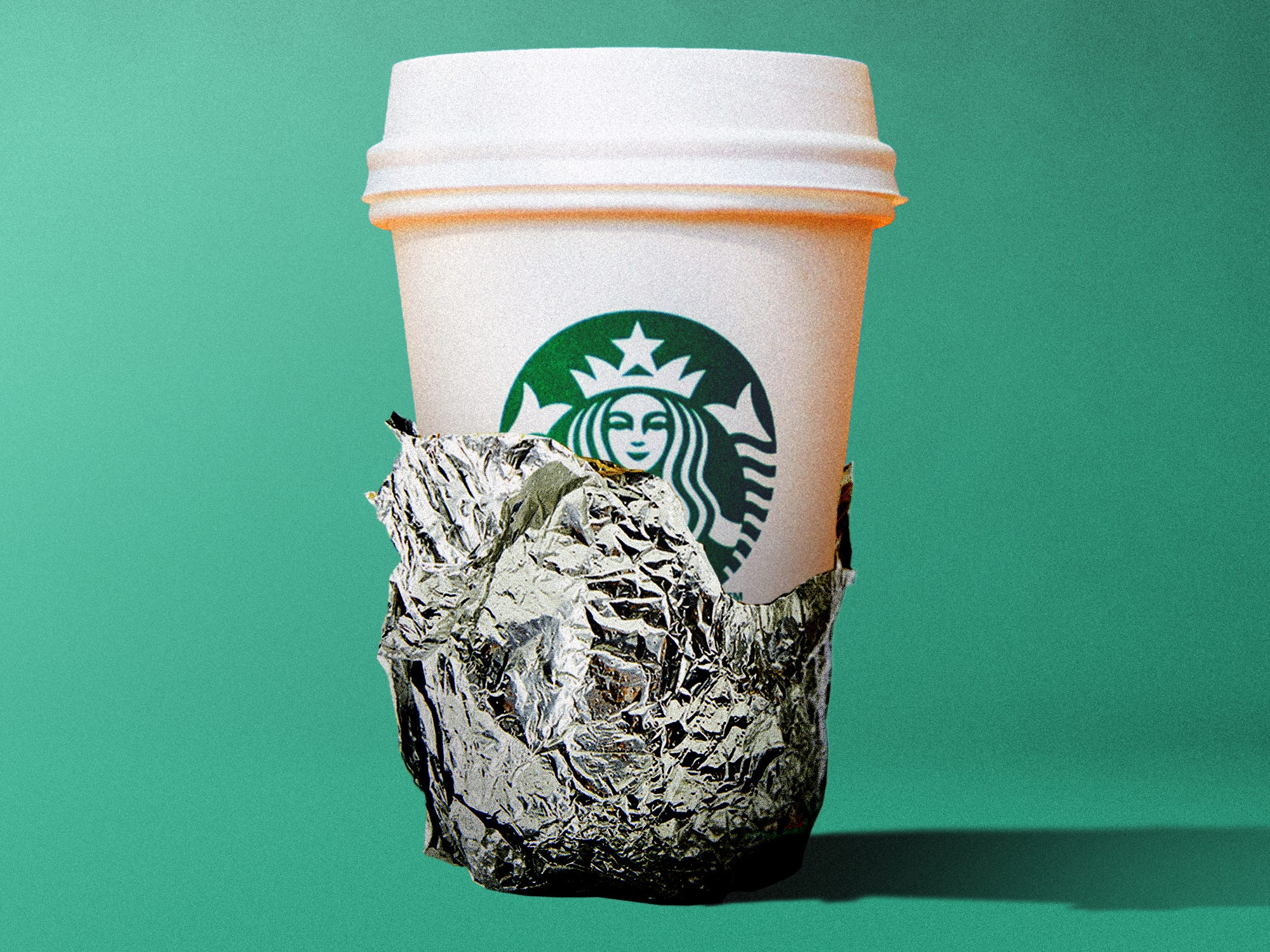 Starbucks cup wrapped in tin foil like a burrito