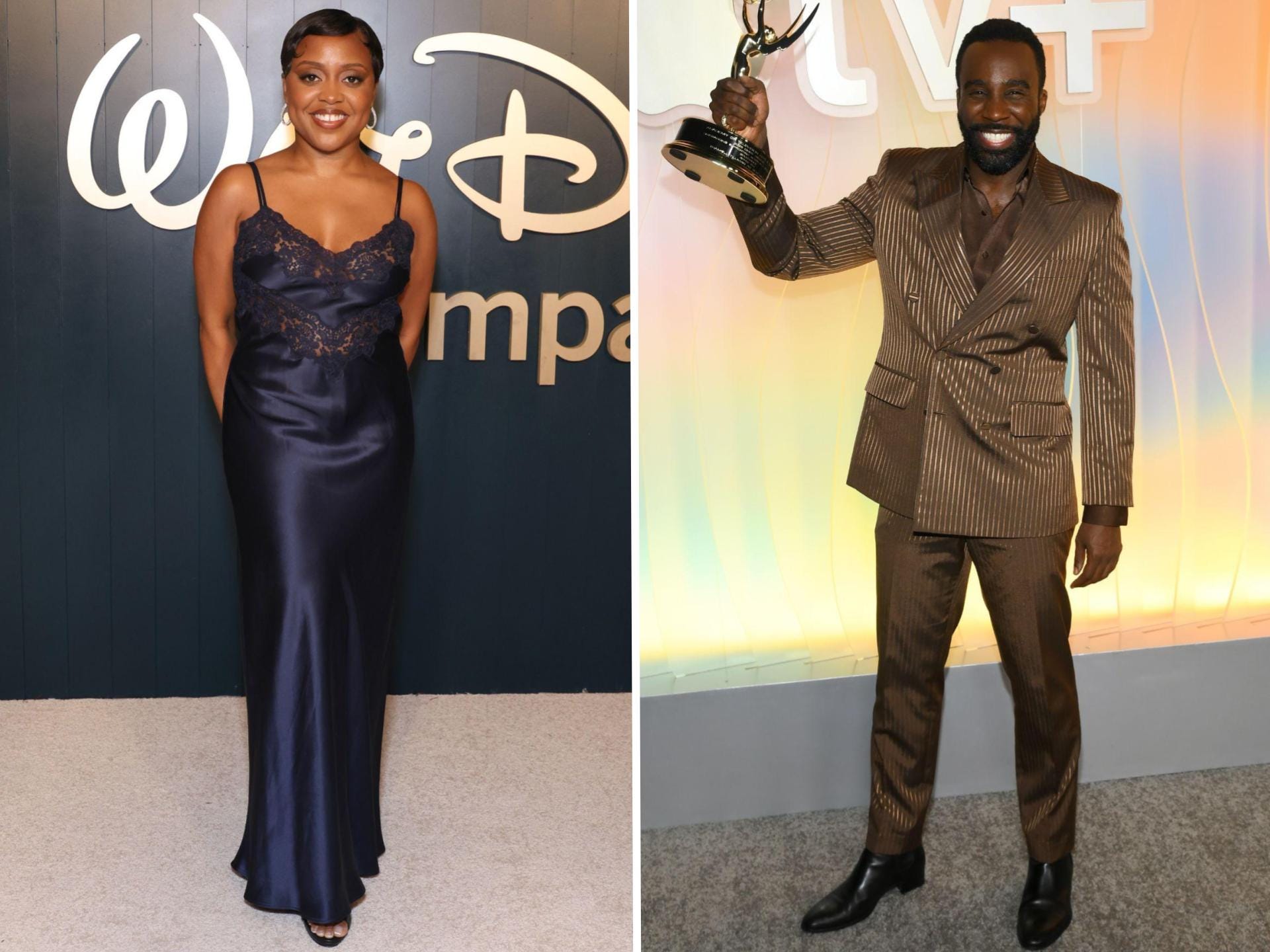 A side-by-side of Quinta Brunson and Tramell Tillman at after-parties for the 2025 Emmy Awards.