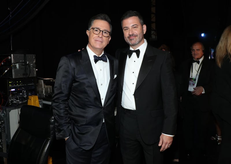 Stephen Colbert and Jimmy Kimmel behind the scenes during the 71ST PRIMETIME EMMY® AWARDS airing live from the Microsoft Theater at L.A. LIVE in Los Angeles on Sunday, September 22 (8:00-11:00 PM ET live/5:00-8:00 PM PT live) on FOX.  (Photo by FOX Image Collection via Getty Images)