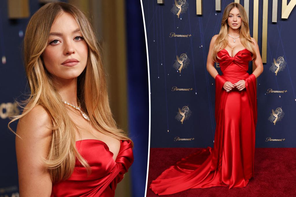Sydney Sweeney smolders in red-hot strapless gown on Emmys 2025 carpet