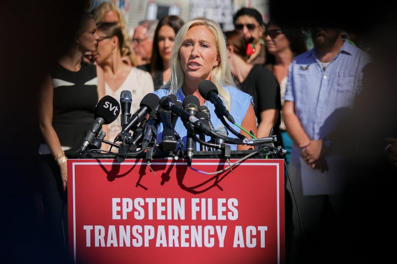 U.S. Representative Marjorie Taylor Greene (R-GA) speaks at a press conference alongside alleged victims of Jeffrey Epstein at the U.S. Capitol in Washington, D.C. on September 3, 2025, announcing the Epstein Files Transparency Act, which calls for the release of all unclassified documents in the Jeffrey Epstein case. (Photo by Bryan Dozier / Middle East Images via AFP) (Photo by BRYAN DOZIER/Middle East Images/AFP via Getty Images)