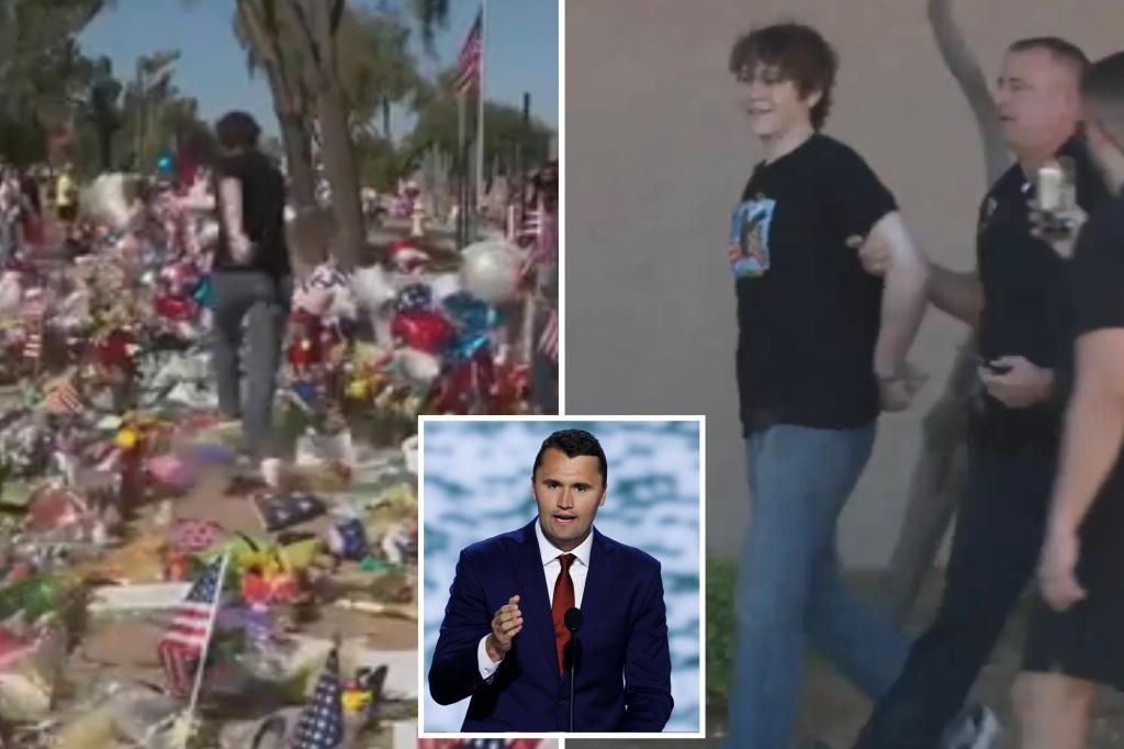 Teen in t-shirt similar to one worn by accused Charlie Kirk killer tramples memorial outside Turning Point USA