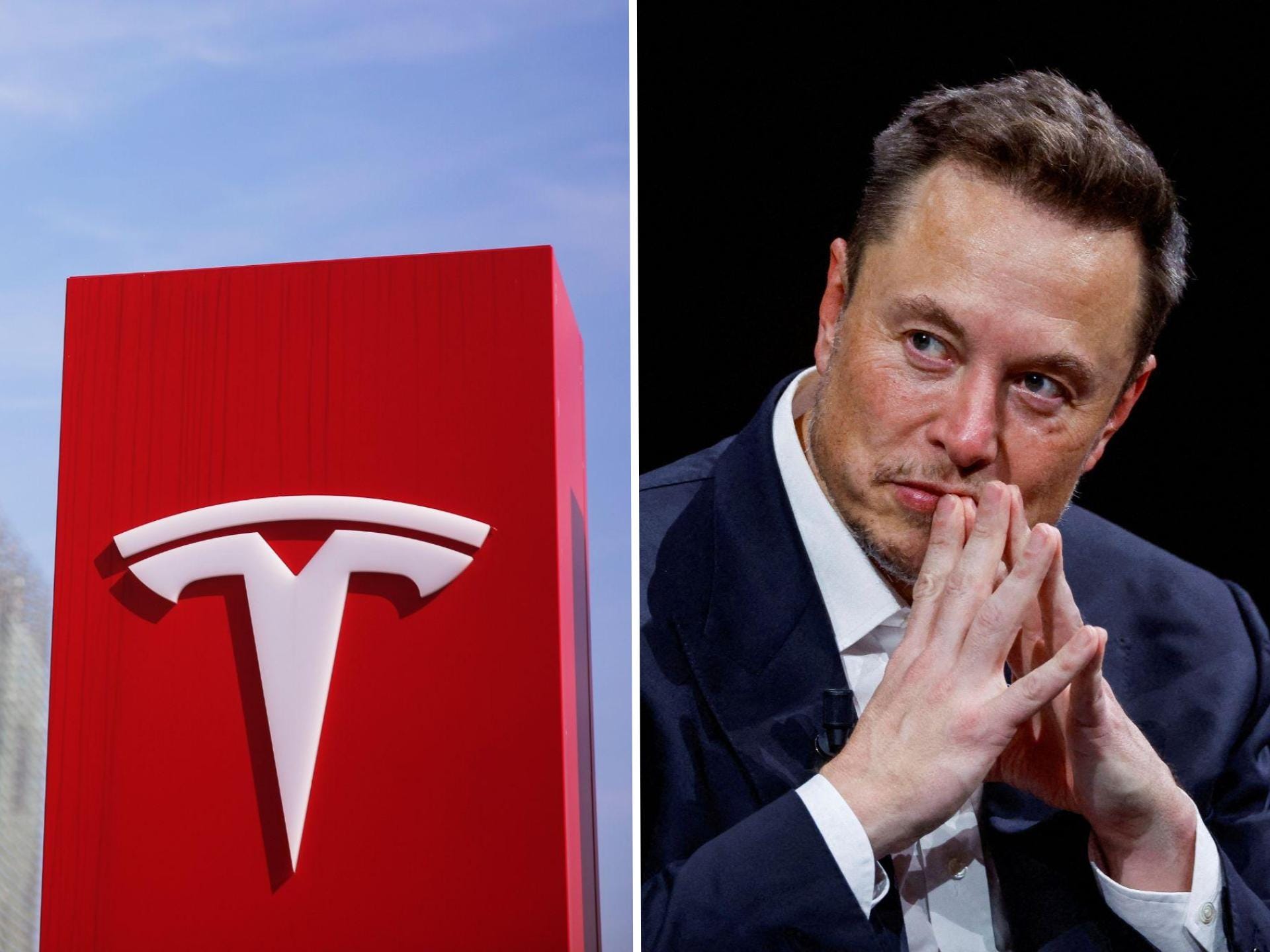 Side by side of Tesla logo (left) and Elon Musk (right)